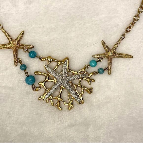 Gold Tone And Turquoise Color Starfish Detailed Necklace 21” - Picture 2 of 4